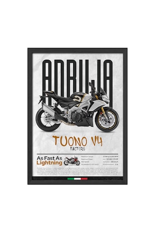 Aprilia Tuono V4 Factory Siyah Ahşap Çerçeveli Poster, Dekoratif Motosiklet Duvar Tablosu Çok Renkli