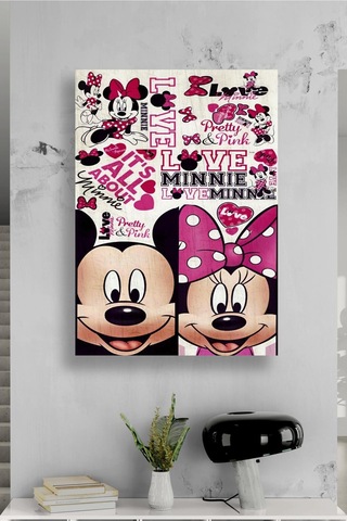 Mickey Minnie Aşk Tasarımlı Kolaj Desenli Pembe Temalı Eğlenceli Çizgi Karakter Kanvas Tablo