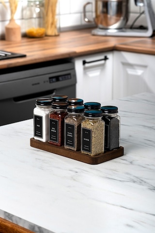 Mienda Home 8'li Ahşap Standlı Cam Baharatlık Seti Siyah Kapaklı Etiketli Baharatlık Mh01syh08 Siyah - Şeffaf