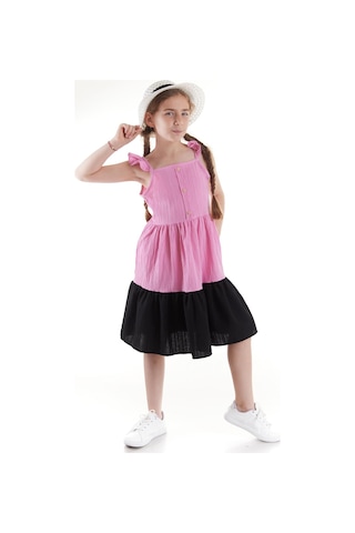 Ahengim Kız Çocuk Düğmeli Şapkalı Yazlık Elbise Ak2516 Pembe