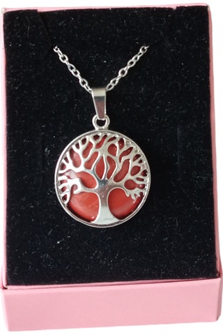 Mercan Doğal Taşlı Hayat Ağacı Çelik Kolye - Kadın Kırmızı