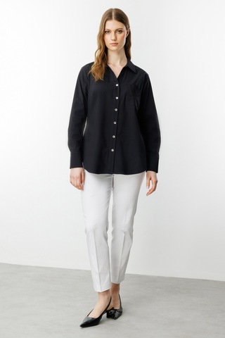 Ekol Kadın Büyük Beden Polo Yaka Gül Nakışlı Cepli Gömlek 3504 Siyah Siyah