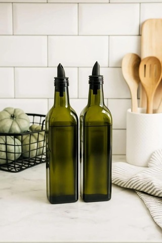 2'li Silikon Tıpalı Yeşil Cam Yağdanlık Sosluk Yağ Şişesi 29 Cm 500 Ml Çok Renkli