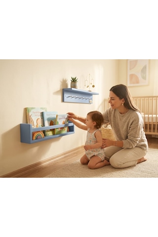 50 CM İkili Montessori Ahşap 50x10 Cm Duvar Rafı, İsme Özel Çocuk Odası Kitaplık Ve Askılık, Dekoratif Duvar Rafı, İkili Montessori Ahşap Çocuk Rafı. Mavi