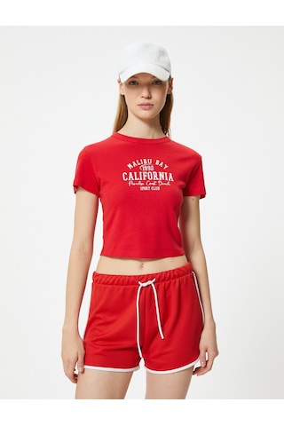 Koton Crop Tişört Kolej Baskılı Kısa Kollu Slim Fit Bisiklet Yaka Kırmızı 4sal11216ık Kırmızı