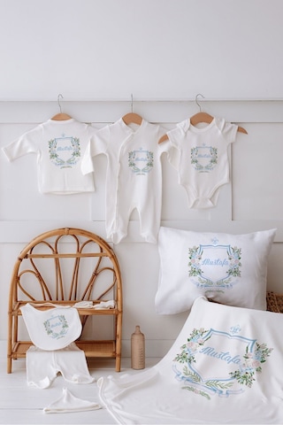 Lilabio %100 Organik Isme Özel Isimli 10lu Hastane Çıkışı Mavili Çiçek Ekru