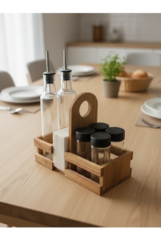 Ahşap Doğal Baharatlık Yağdanlık Ve Peçetelik Takımı Uzun Başlık Set Kiraz 1 Set Ahşap