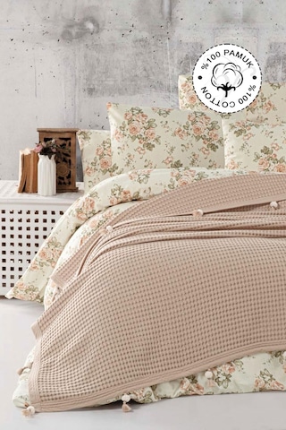 Vionel Home Pamuklu Waffle Desen Ponponlu Çift Kişilik Pike Kahverengi