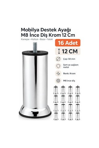 16 Adet Mobilya Kanepe Koltuk Baza Yatak Çekyat Yükseltme Ayağı M8 Ince Diş Metal Ayakları 12 Cm Gri