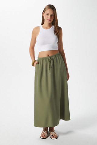 Kadın Trend Modal Serin Kumaş Haki Bel Lastikli Cepli Rahat Kalıp Uzun Etek