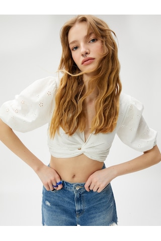 Koton Crop Bluz Brode Balon Kollu Önü Büzgülü Beyaz 3sal60067ıw 3SAL60067IW000 Beyaz