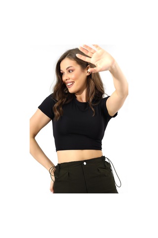 Winmoda34 Kadın Siyah Sırt Dekolteli Crop/krop Beli Lastik Dertaylı Bluz Siyah