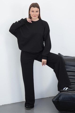 Penyebizden Kadın Pamuk 3 İplik Şardonsuz Oversize Sweatshirt & Geniş Paça Eşofman Altı Takım-siyah