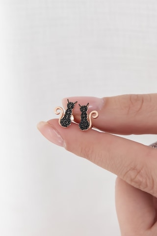 925 Ayar Minik Siyah Kedi Küpe Kadın Gümüş Küpe Pembe Altın