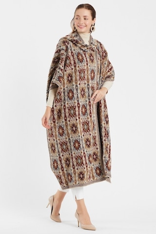 Uludağ Triko Kadın Kilim Desen Kapşonlu Panço Taş-Std Taş