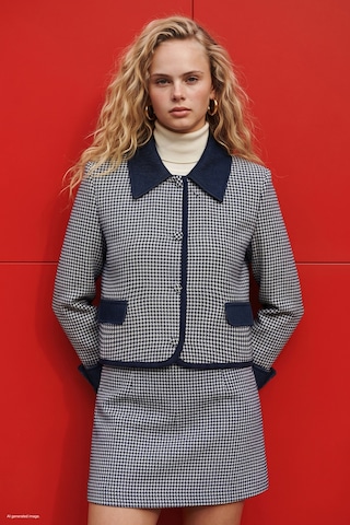 Sateen Kazayağı Desenli Denim Detaylı Ceket - Mavi-137946