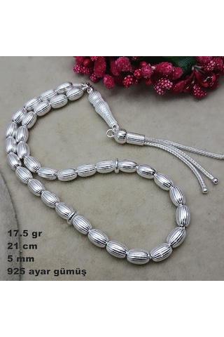 925 Ayar Gümüş Tesbih Arpa Kesim Çizgili Model Küçük Boy