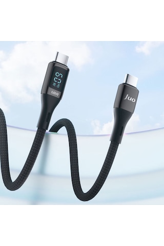 Juo 60W Dijital Led Ekranlı Örgülü Usb Type-c To Type-c Hızlı Şarj ve Data Kablosu 1M
