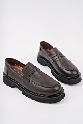 Muggo Paradise Hakiki Deri Kalın Taban Günlük Casual Makosen Kadın Loafer Ayakkabı Kahverengi
