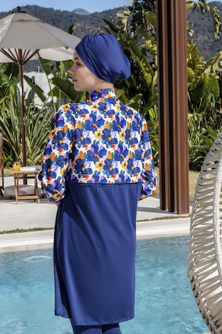 Mayom Tam Kapalı Crop Model Çiçek Desenli Tesettür Mayo-2523 Lacivert-desenli