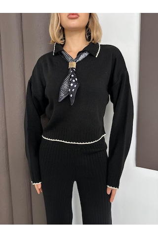 Newco Polo Yaka Fularlı Oversize Triko Takım Kazak Siyah