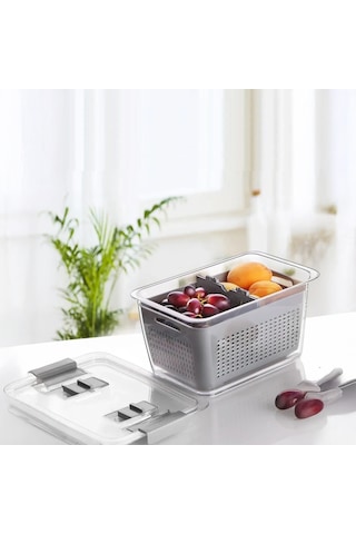 Vinoa 2,5 Litre Süzgeçli Buzdolabı Düzenleyici Organizer + Saklama Kabı Gri