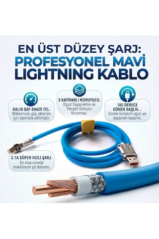 3.1a Süper Hızlı Şarj Üç Katmanlı Koruyucu 180 Döner Başlık Lightning Kablo Şarj Kablosu 1 Metre Şarj Kablosu