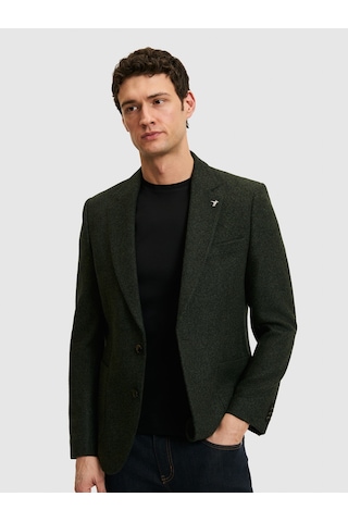 Cacharel Koyu Yeşil Slim Fit Yün Karışımlı Flanel Ceket Yesıl