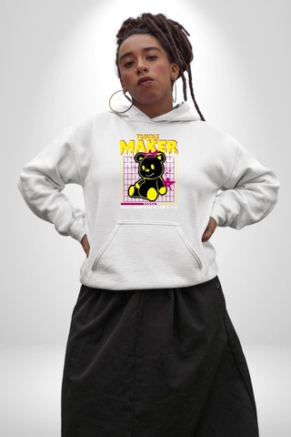 Baş Belası Teddy Kadın Erkek Beyaz Kapüşonlu Sweatshirt Hoodie Beyaz