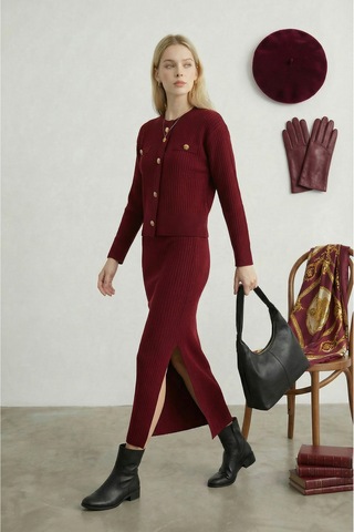 Sayzen Your Shine Selanik Örme Gold Düğmeli Kazak-etek Triko Takım Sy-2606 Bordo