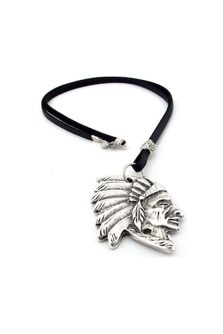 Solfera Kızılderili Şef Ulu Manitu Siyah Deri Metal Erkek Kolye Q0593 Beyaz