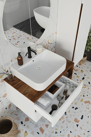 Koza Beyaz 80 Cm %100 Mdf Banyo Dolabı Ayna Lavabo Boy Dolabı Beyaz