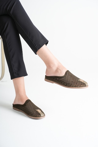 Analin Shoes Kadın Hakiki Deri Delikli Günlük Rahat Terlik Haki