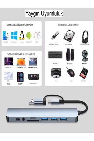 8in2 Alüminyum 4xusb 1xtype-c 3.5mm Jak Tf/sd Usb Hub Çoklayıcı T