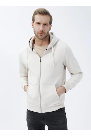 Süvari Kapüşonlu Fermuarlı Yaka Regular Kalıp Düz Ekru Sweatshirt Ekru