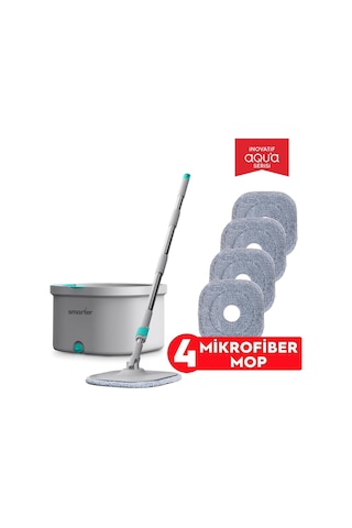 Smarter Aqua Master 4 Adet Mikrofiber Mop Temiz Kirli Suyu Ayırma Özelliği Otomatik Temizlik Seti Paspas