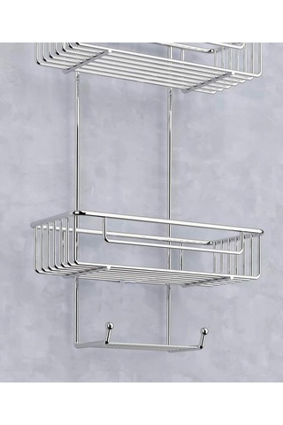Duş Borusuna Asılabilir Kancalı İki Katlı Banyo Raf Krom Bk-0068 Gümüş