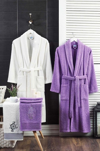 4 Parça Aile Bornoz Seti Kadın Erkek Havlulu Bornoz Takımı Lavanta-beyaz