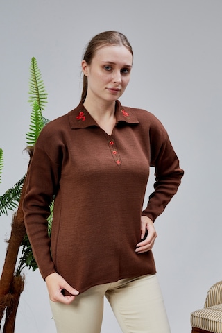 Lugmo Kadın Polo Yaka Oversize Çiçek Nakışlı Triko Kazak Kahverengi Kahverengi