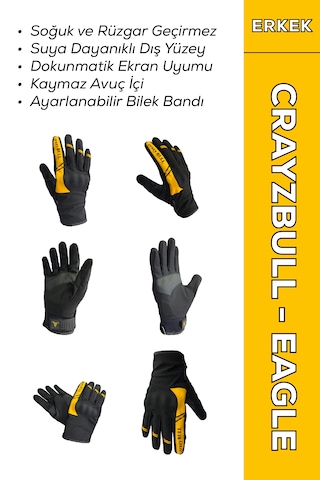 Crazybull Eagle Sarı Su Ve Rüzgar Geçirmez Kışlık Erkek Motosiklet Eldiveni + Buff