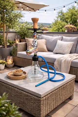 Cam Tabanlı Nargile 55 Cm 18 Cm Geniş Taban Modern Balkon & Teras Nargile Takımı Mavi Hortumlu