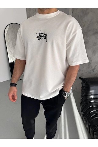 Wear Vexel Erkek Tişört Bisiklet Yaka Baskılı Oversize Kısa Kol T-shirt - Beyaz Çok Renkli