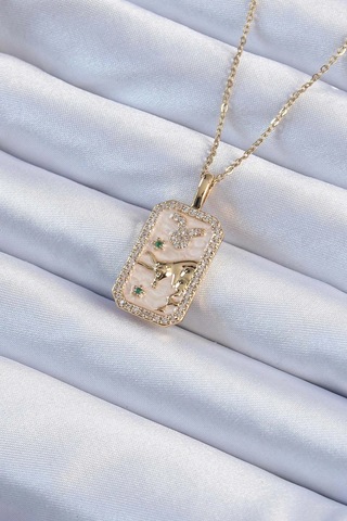 316l Çelik Zincir Gold Renk Zirkon Taşlı Boğa Figürlü Tarot Kolye çok renkli