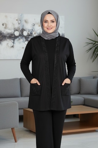 Hesna Kadın Alçin Büyük Beden 2 İp Kristal Taşlı Cepli Siyah Yelek Siyah