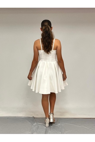 Kız Çocuk Abiye Krem Krep Kısa Pul Payet İşlemeli Biyeli Korseli Kısa Abiye Elbise 10-15 Yaş Krem