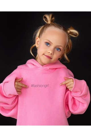 Kız Çocuk Nakışlı Slogan Hashtag Oversize Alt Üst Takım Kapüşonlu 3 İplik Şardonlu Açık Pembe