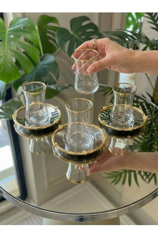 Elta Collection 12 Parça 6 Kişilik Gold Metal Çerçeveli Çay Seti 6 Bardak 6 Metal Tabak Lüks Sunum Gümüşmetal