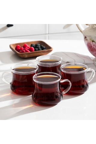 Porsima Pbt-706 Borosilikat Isıya Ateşe Dayanıklı Cam Kulplu 4 Lü Çay Bardağı Kahve Bardak Seti Kupa Şeffaf 250ml Şeffaf