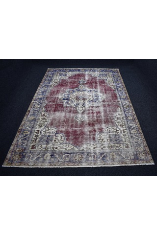 Zehra Abla Halı Vintage 6m2 El Dokuma Kırmızı Lacivert Eskitme Lüks Göbekli Yün Salon Halısı 6931 Çok Renkli