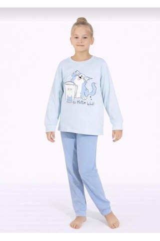 Kız Çocuk Kedi Baskılı Uzun Kollu Pijama Takımı Rahat Ev Giyimi-8411- Mavı